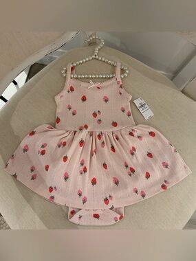 🍓 18~24 Mth Pink Strawberry Print Pointelle Knit Baby Dress Onesie With bow NWT